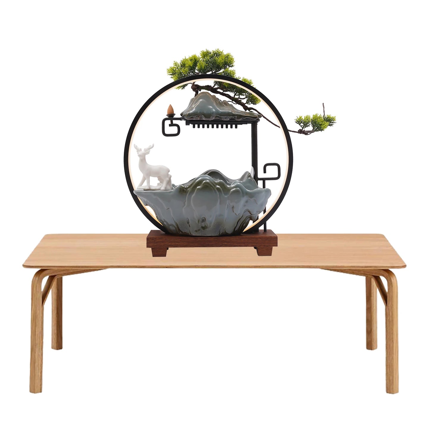 Indoor Ceramic Tabletop Fountain with LED Lights, Mist, Deer & Plants, Waterfall Design for Home, Spa & Yoga Relaxation