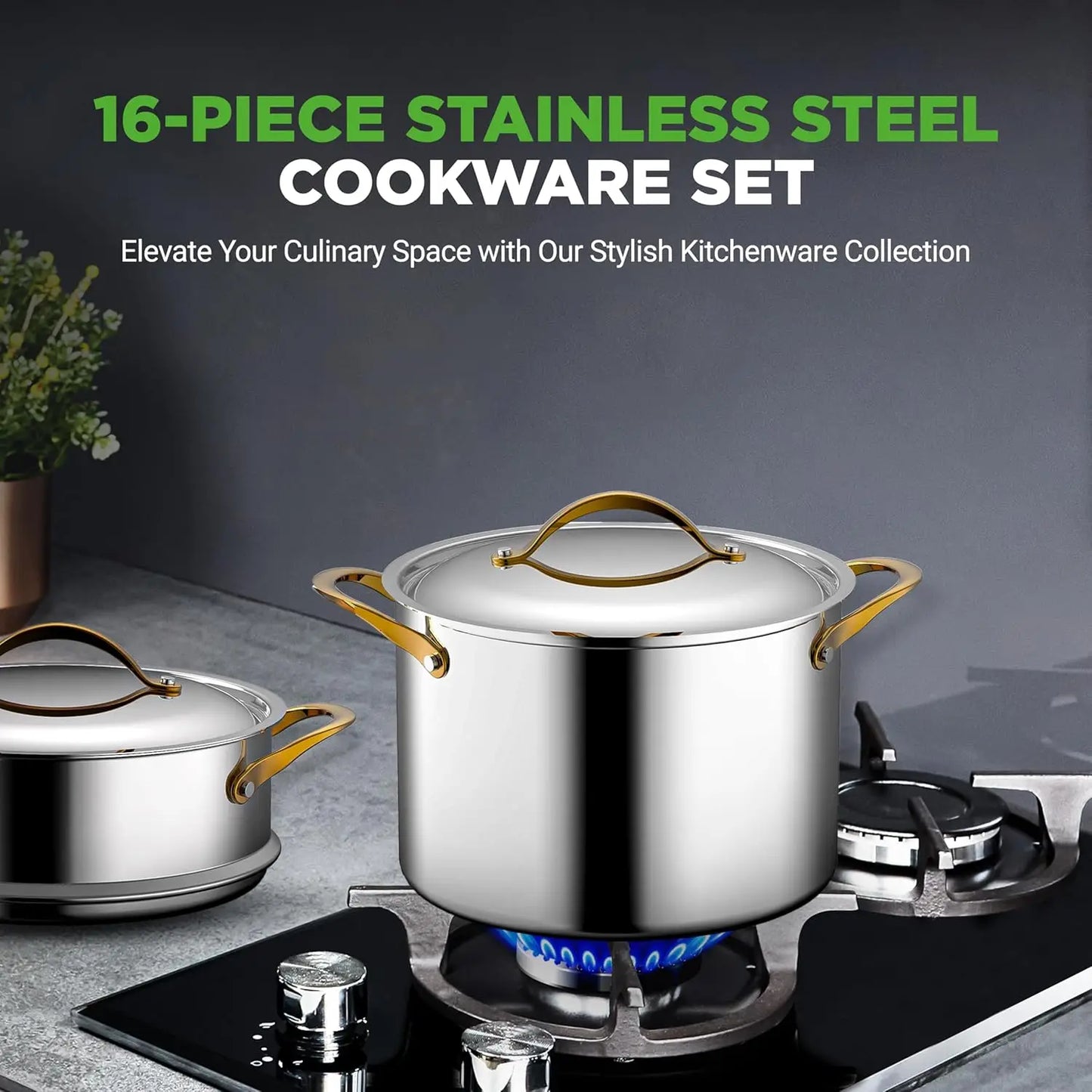 Premium Stainless Steel 16 Piece Cookware Set Tri Ply