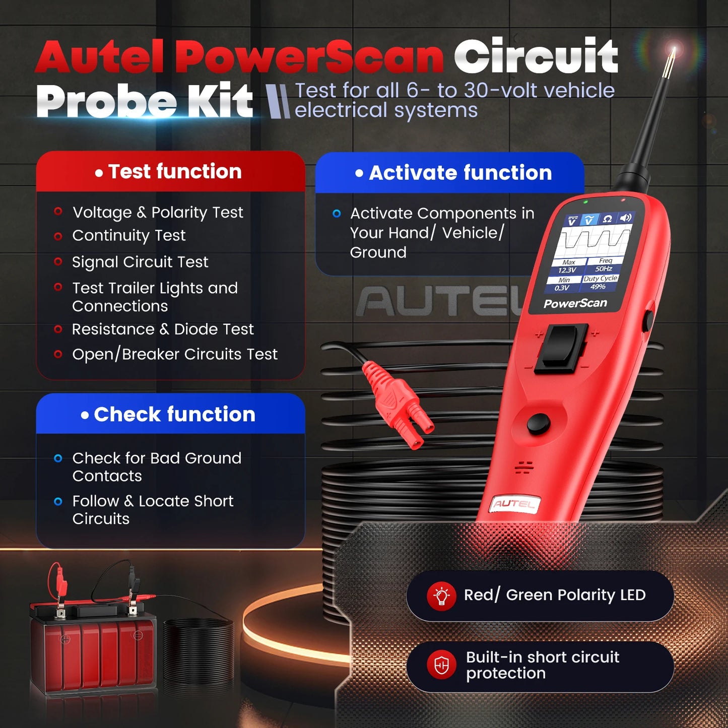 Autel PowerScan PS100 Power Circuit Probe Tester 12V 24V Digital Voltage Automotive Circuit Tester Car Diagnostic Test Tool