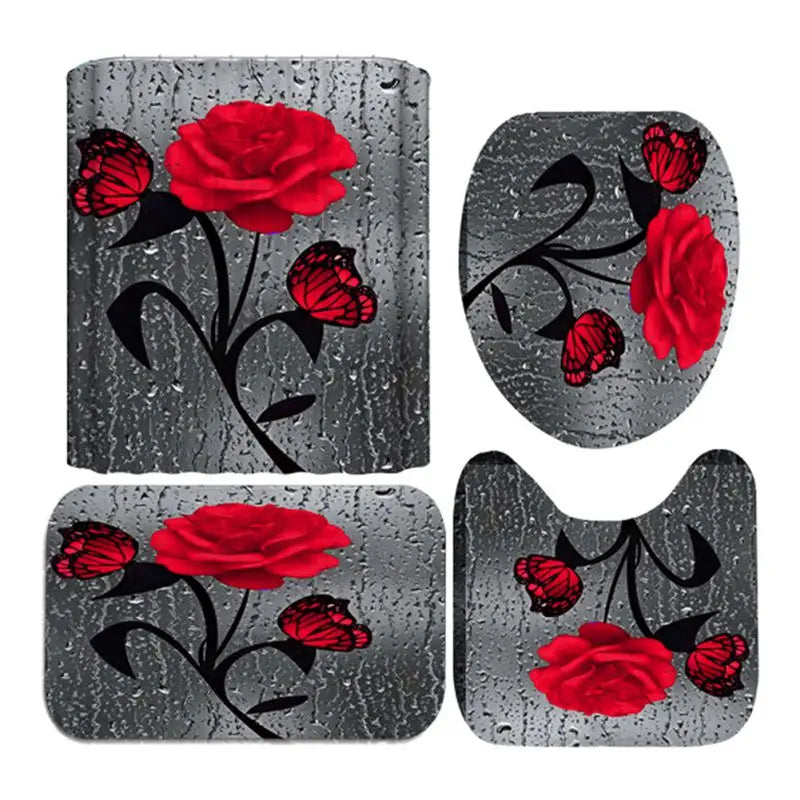 4 Piece Set Doormat Shower Curtain Non Slip Rugs Toilet Seat Cover Bath Carpet Durable Waterproof Bathroom Home Entrance Decor