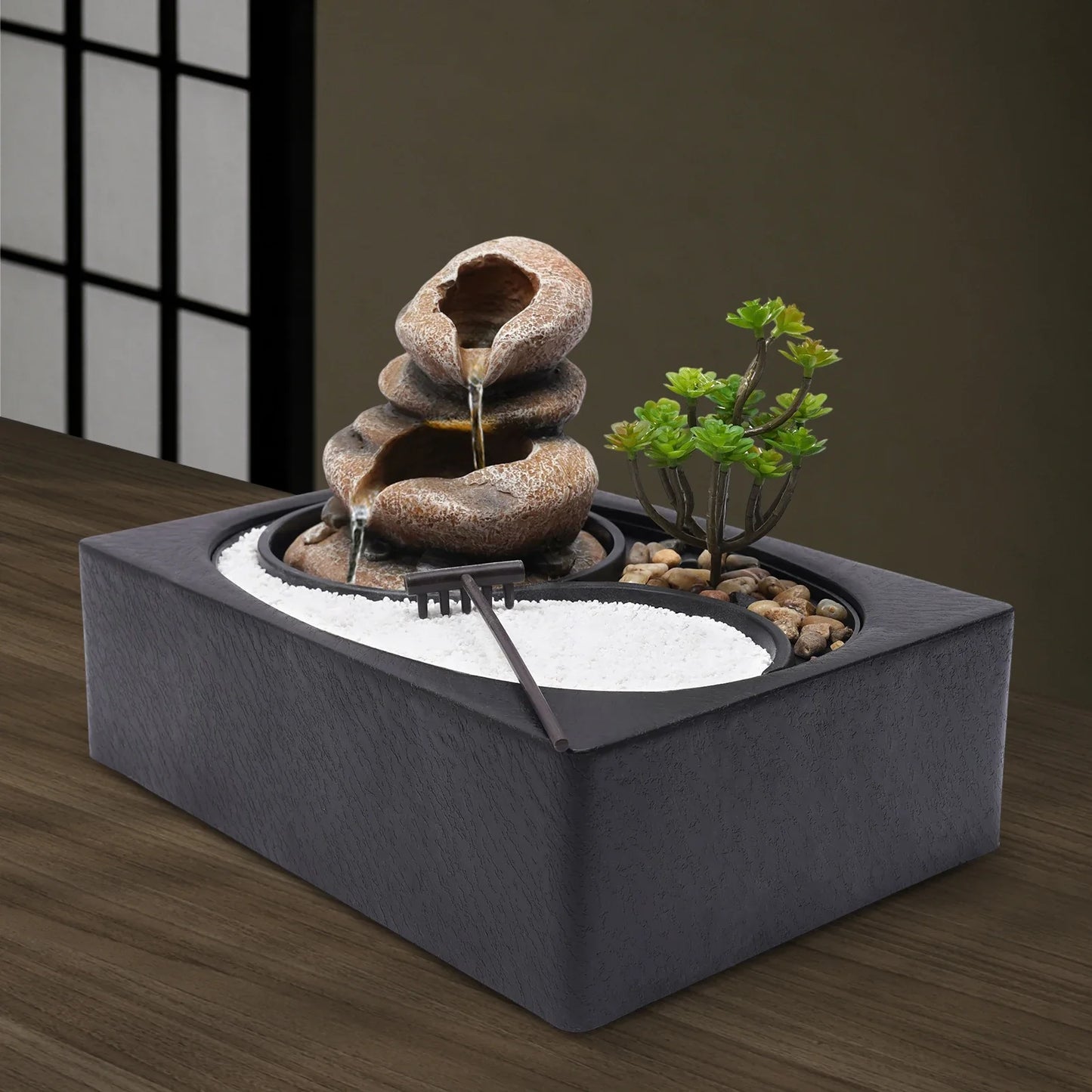 Tabletop Rock Water Fountain W/ LED Light,Indoor Waterfall Decor for Desk,Relaxing Zen Fountain,Decorative Stone Water Feature