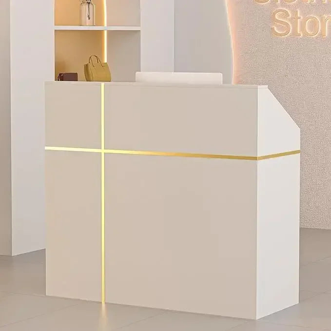 Reception Desk with Counter, 50-inch Checkout Counter with LED Lights Modern Front Table Equipped Lockers & Storage Shelves