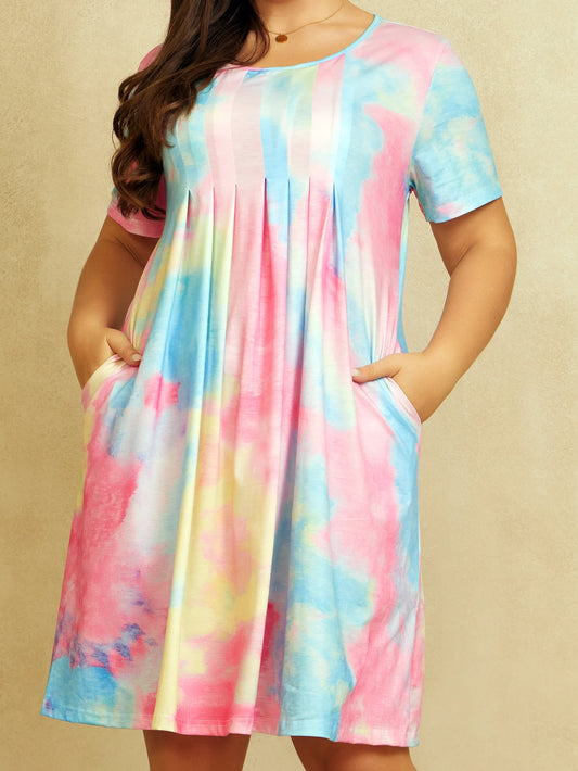 Plus Size Casual Dresses, Women's Plus Size Tie Dye Short Sleeve Round Neck Slightly Stretch Pleated Dress with Pockets