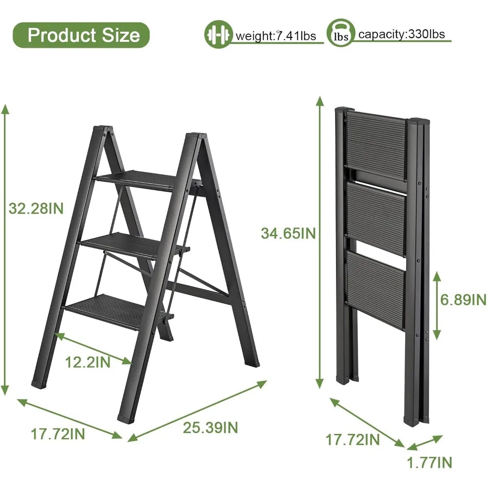 3 Step Ladder, Folding Step Stool with Wide Anti-Slip Pedals,Max Load 330 Lbs Capacity,Lightweight Aluminum Sturdy Step Ladder,