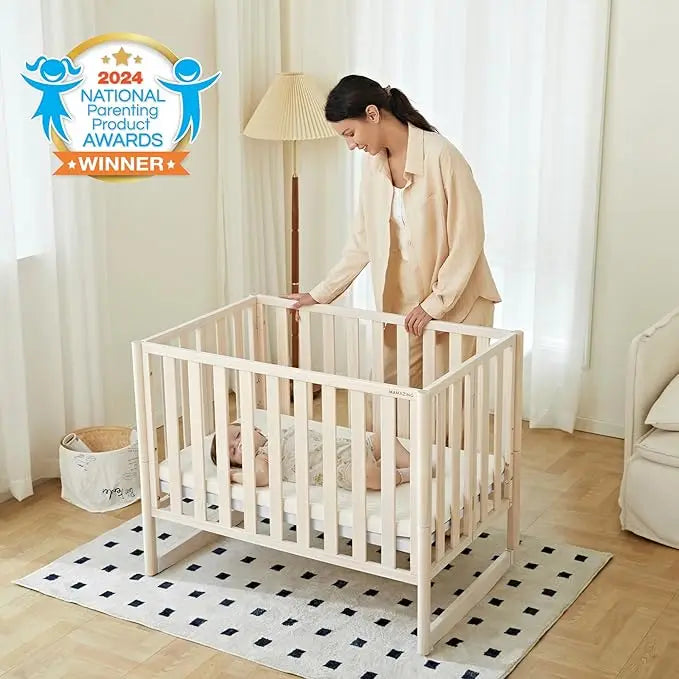 6-in-1 Mini Crib with Removable Wheels & Mattress 4 Adjustable Heights 100% New Zealand Pinewood Washed Natural