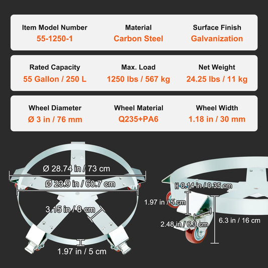 SucceBuy 1250lbs Drum Dolly Cart 55 Gallon Caddy Barrel Dolly Hand Truck with 5 Swivel Casters Wheel for Warehouse Drum Handling