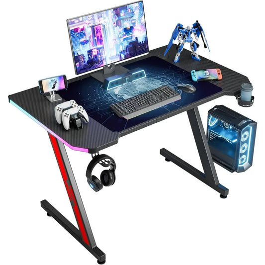 Gaming Computer Desk with Carbon Fiber Surface, Gaming Table Z Shaped PC Home Office with Cup Holder&Headphone Hook
