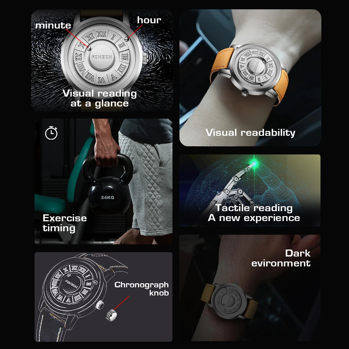 FOXBOX Men's Quartz Watch Fashion Personality Creative Scrolling Iron Ball Magnetic Pointer Waterproof for Male Watches Gift+Box