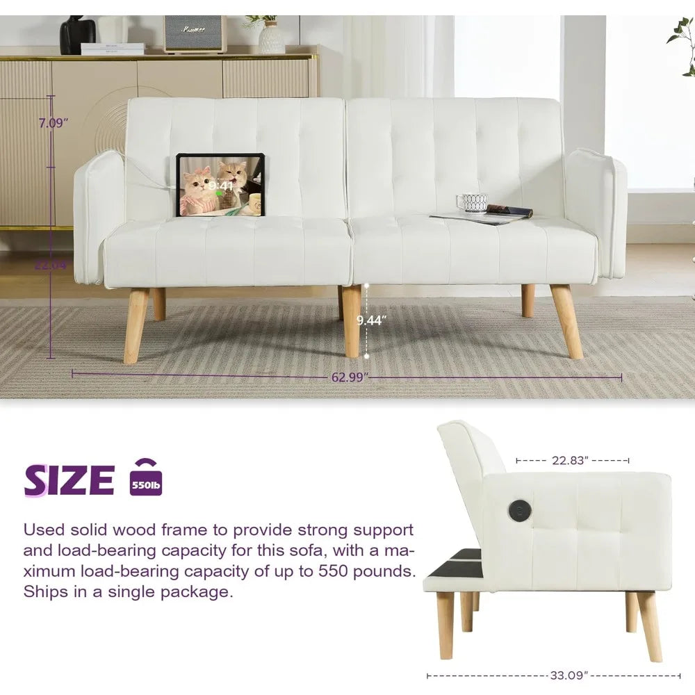 Modern Faux Leather Upholstered Convertible USB Folding Futon Sofa Bed, 65" Couch, Love Seats Furniture for Small Space Configu