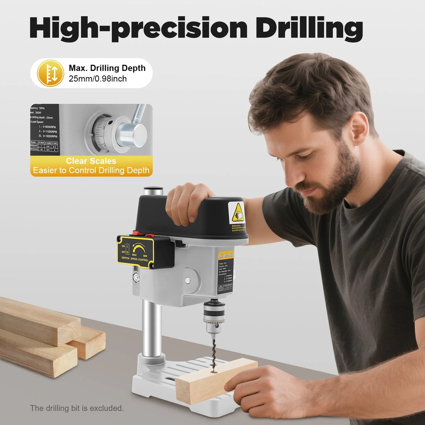 340W Mini Bench Drill Press, 0-16000RPM 3-Speed, Precision Depth Gauge for Wood Metal DIY Craft Model Making