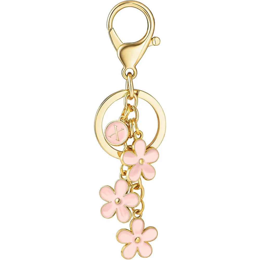 Initial Keychain White/Pink Flower Charms Key Cute Letter Keyring For Handbag Backpack