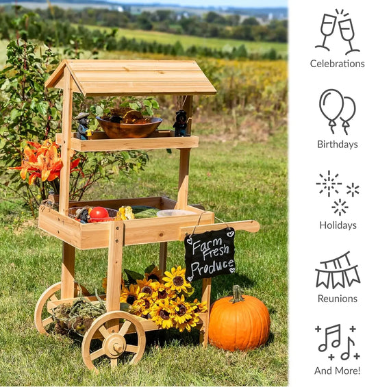 30 lb Weight Capacity Natural Fir Country Market Flower Cart Display Stand with Wheels  2 Shelve Fir Wood