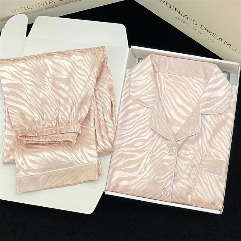 Ice Silk Luxury Pajamas Floral Long Sleeve Spring Women Set