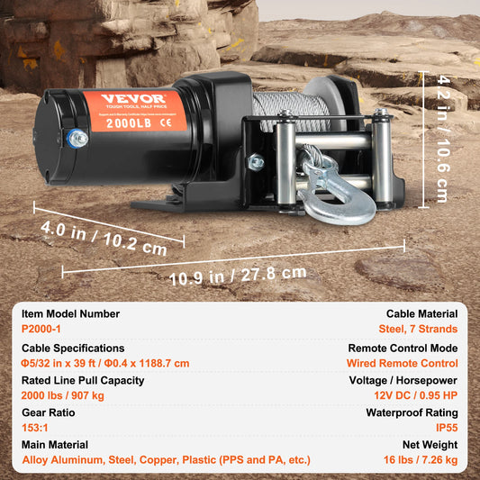 SucceBuy 2000lbs Electric Car Winch ATV/UTV Steel Cable Winch with Wired Remote Control for Towing Off-Road Vehicle Jeep Truck