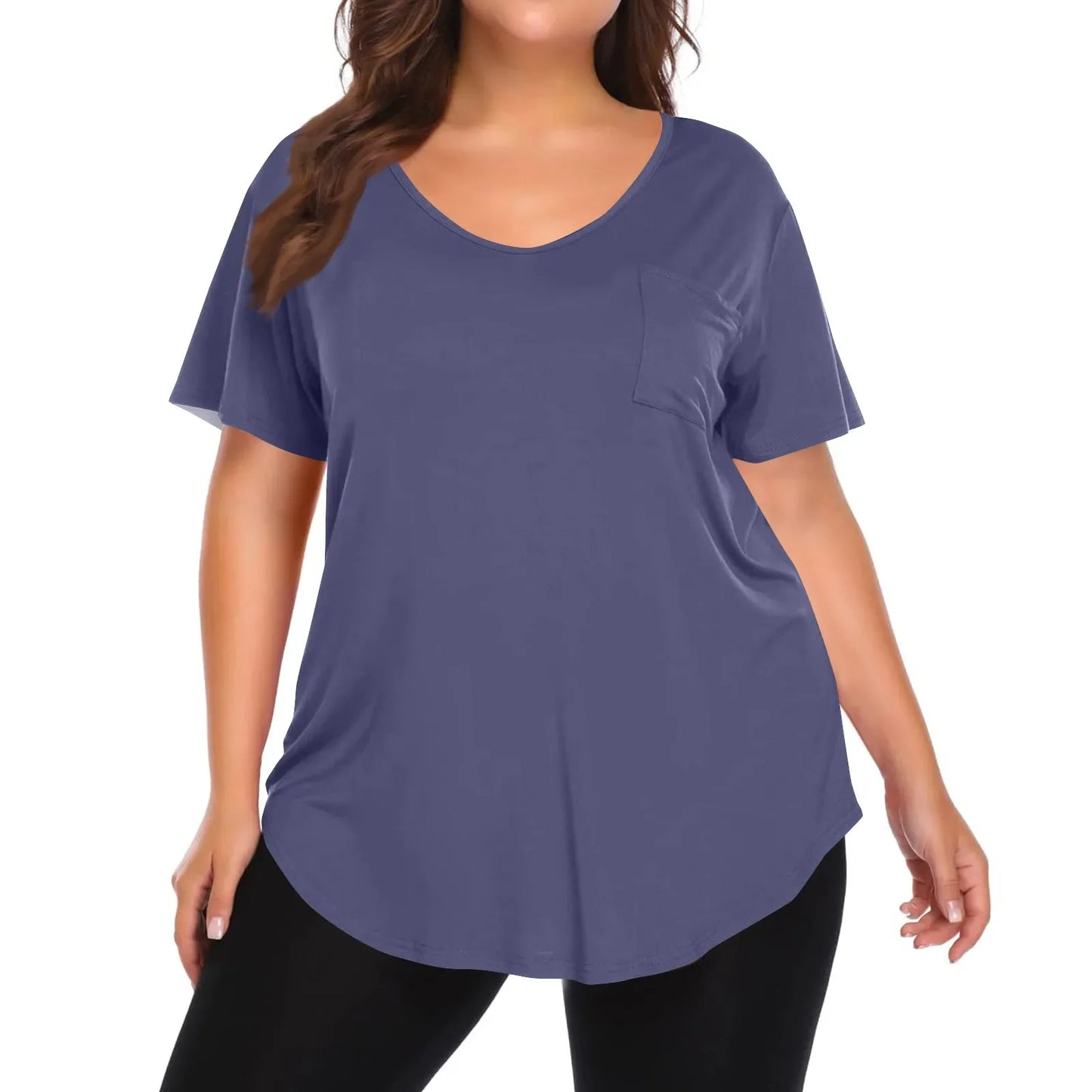 Plus Size Women's Tunic Tops Solid Color Large Size V-neck Loose T-Shirt With Pocket Summer Casual Basic Tee t shirts