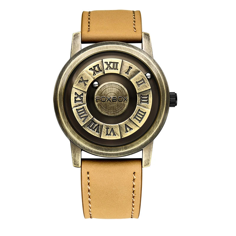 FOXBOX Men's Quartz Watch Fashion Personality Creative Scrolling Iron Ball Magnetic Pointer Waterproof for Male Watches Gift+Box