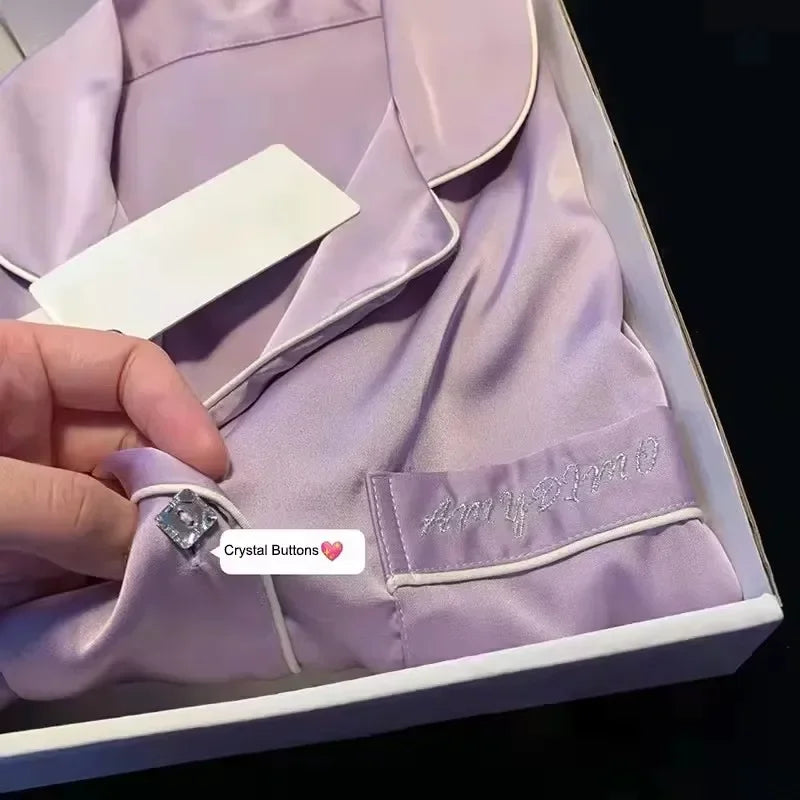 Ice Silk Luxury Pajamas Floral Long Sleeve Spring Women Set