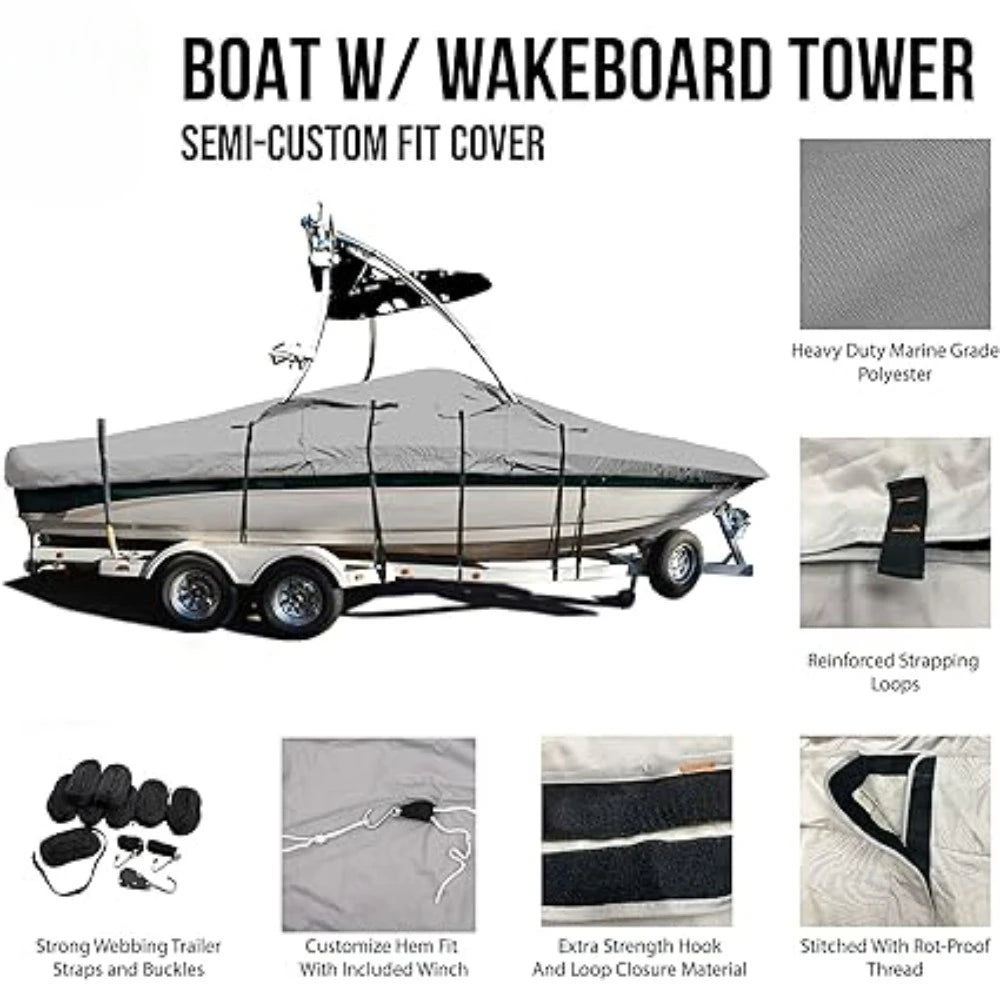 High quality - Grey,V-Hull Fishing Tournament Boat w/Ski Wakeboard Tower Boat Cover 21-22ft Long and 102" Wide ,Free shipping