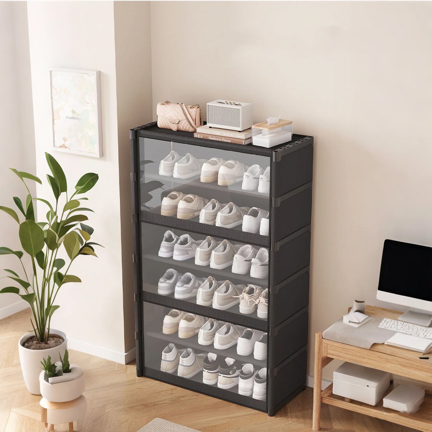 Display Cabinet Storage Box Shoe Rack Cabinet Handbag Organizer Large Capacity Collectible Toy Display Case W/ Clear Door