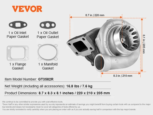 VEVOR Turbo Turbocharger with Gasket Kit for 2.5-6.0L Engine Displacement Heat Resistance Turbocharger with K418 Alloy Impeller