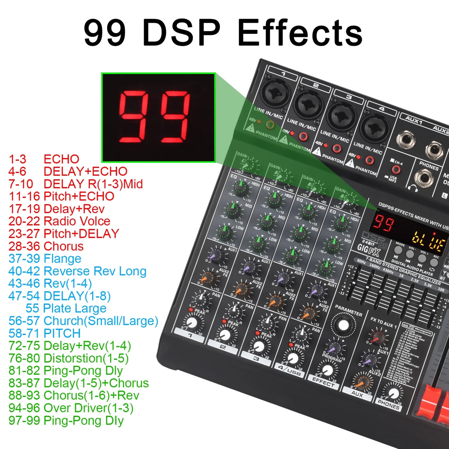 Lomeho 6 Channel Mixing Console Mono 99 Digital Effect USB Sound Card Mixer Bluetooth 48V 2 AUX Dj Karaoke Audio Table AM-GT6