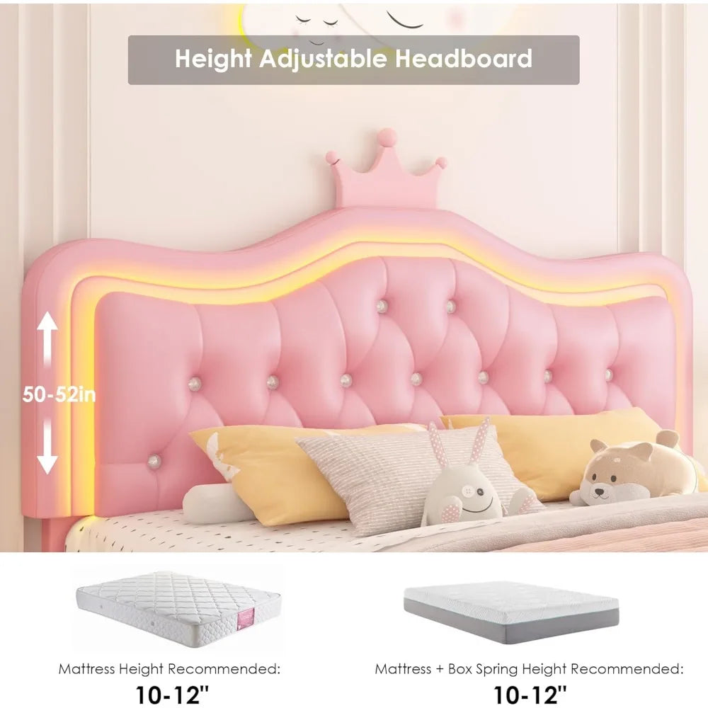 Keyluv Full Upholstered LED Bed Frame with Storage Drawer, Leather Princess Platform Bed with Adjustable Crystal Button Tufted C