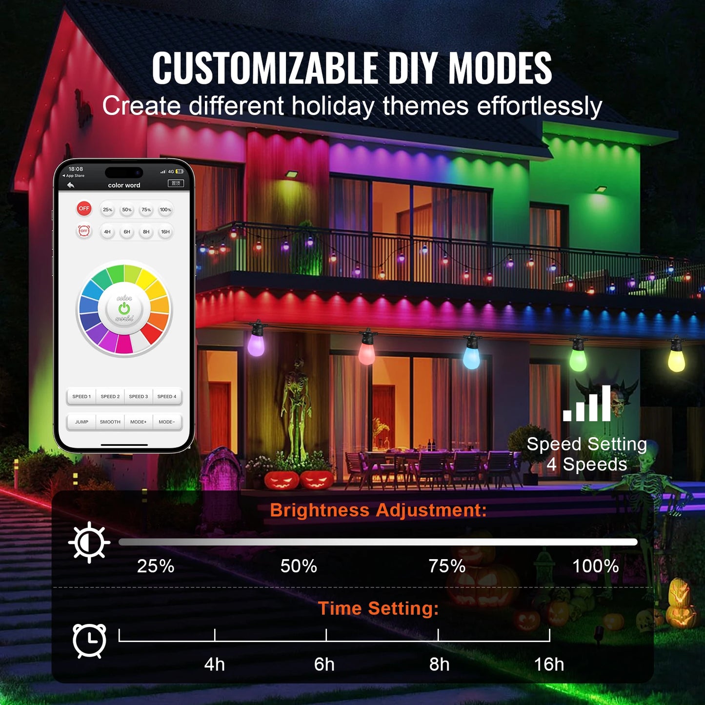 SucceBuy RGB Outdoor String Lights with APP Control 15 Single-Color Adjustable Brightness Time Setting Waterproof Hanging Lights
