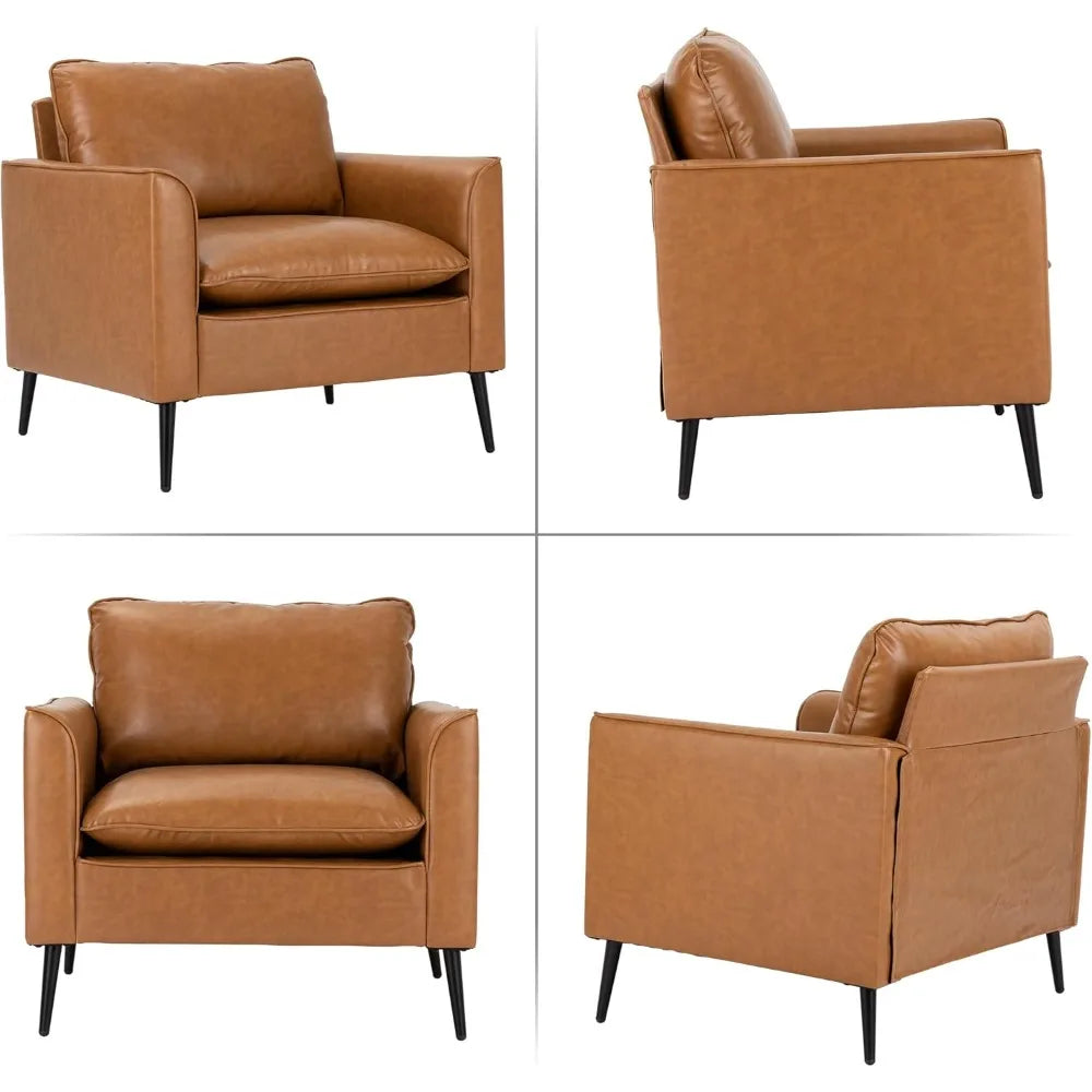 Modern Leather Chair Set of 2, Oversized Armchair for Living Room, Mid-Century Accent Reading Chair for Bedroom Comfy