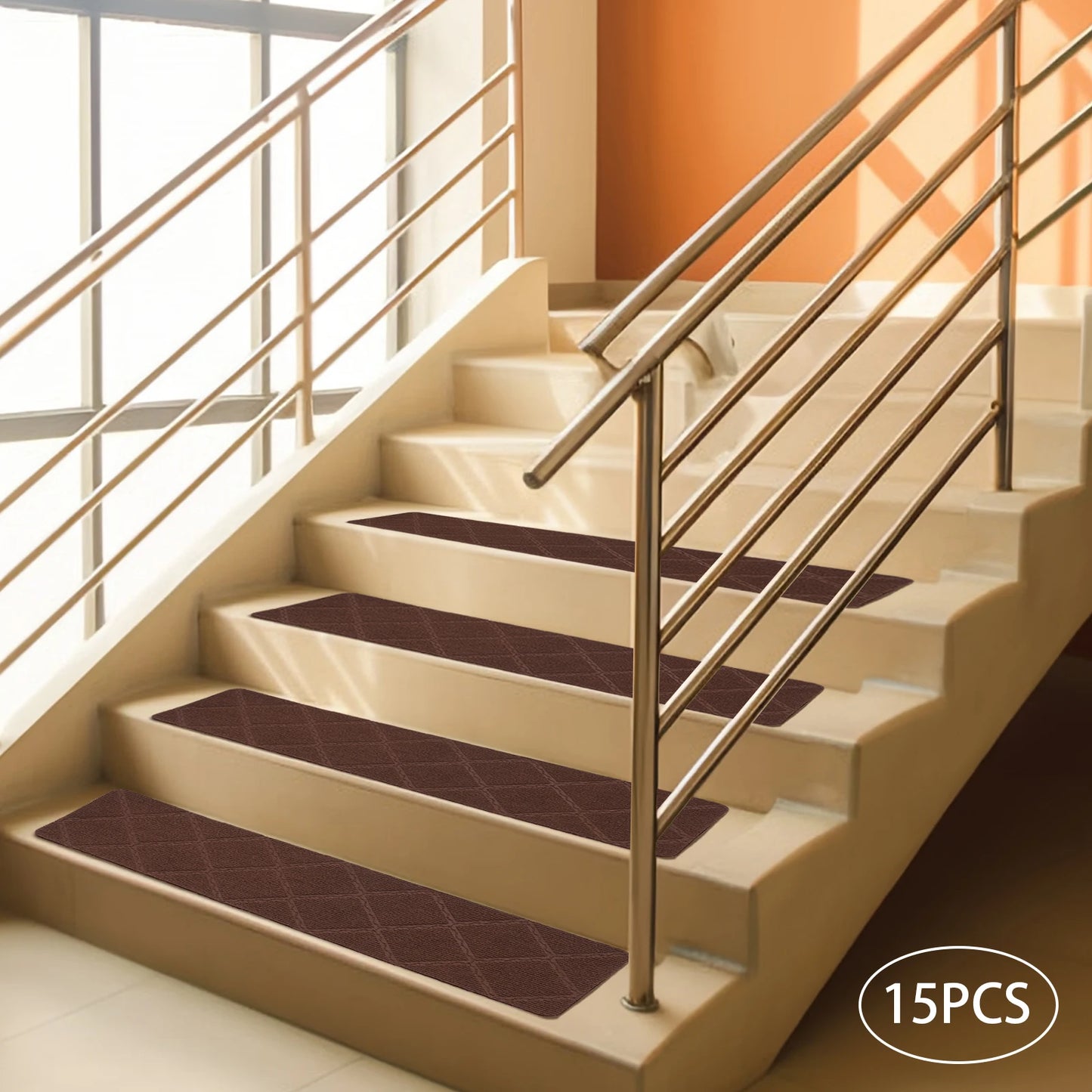 15 PCS Modern Stair Runners Stair Treads Rugs Non-Slip Carpet Diamond Coffee