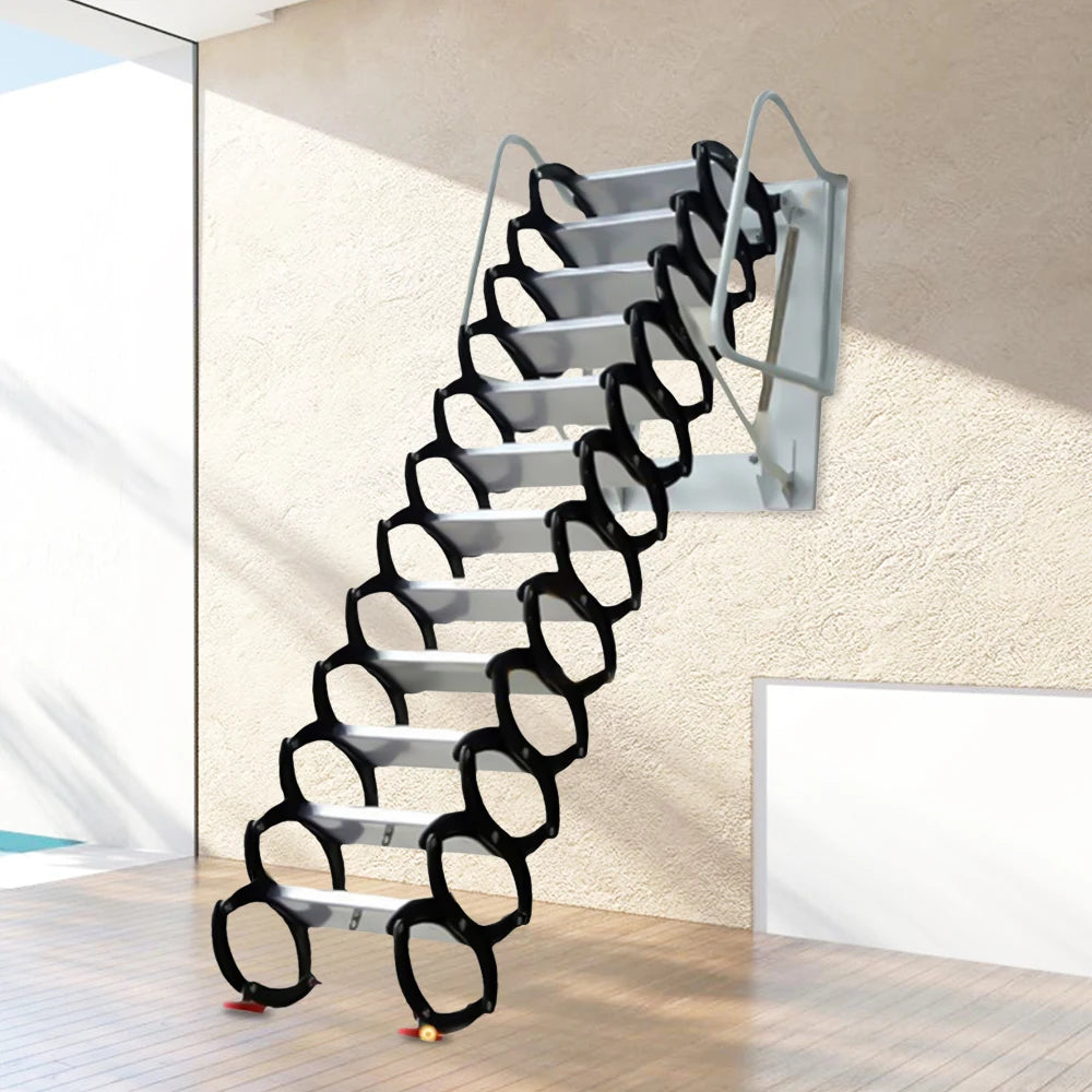 12 Steps Wall Mounted Ladder Attic Loft Stairs Corrosion-resistant Folding Telescopic Stairs W/ Anti-slip feet & Safe Handrails