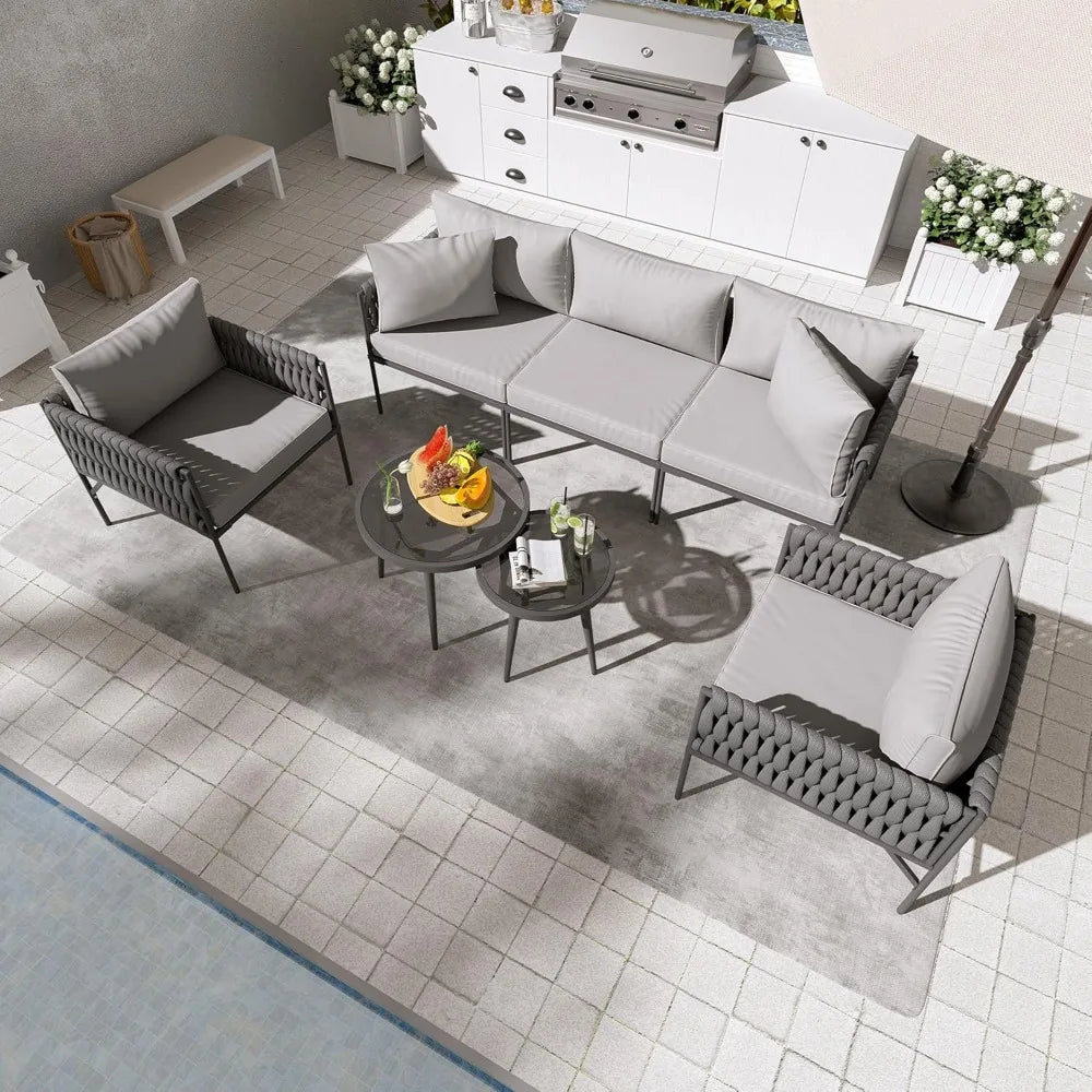 Aluminum 7-Piece Outdoor Patio Furniture Set, Conversation Sets with Comfortable Cushions, outdoor sectional and Tempered Glass