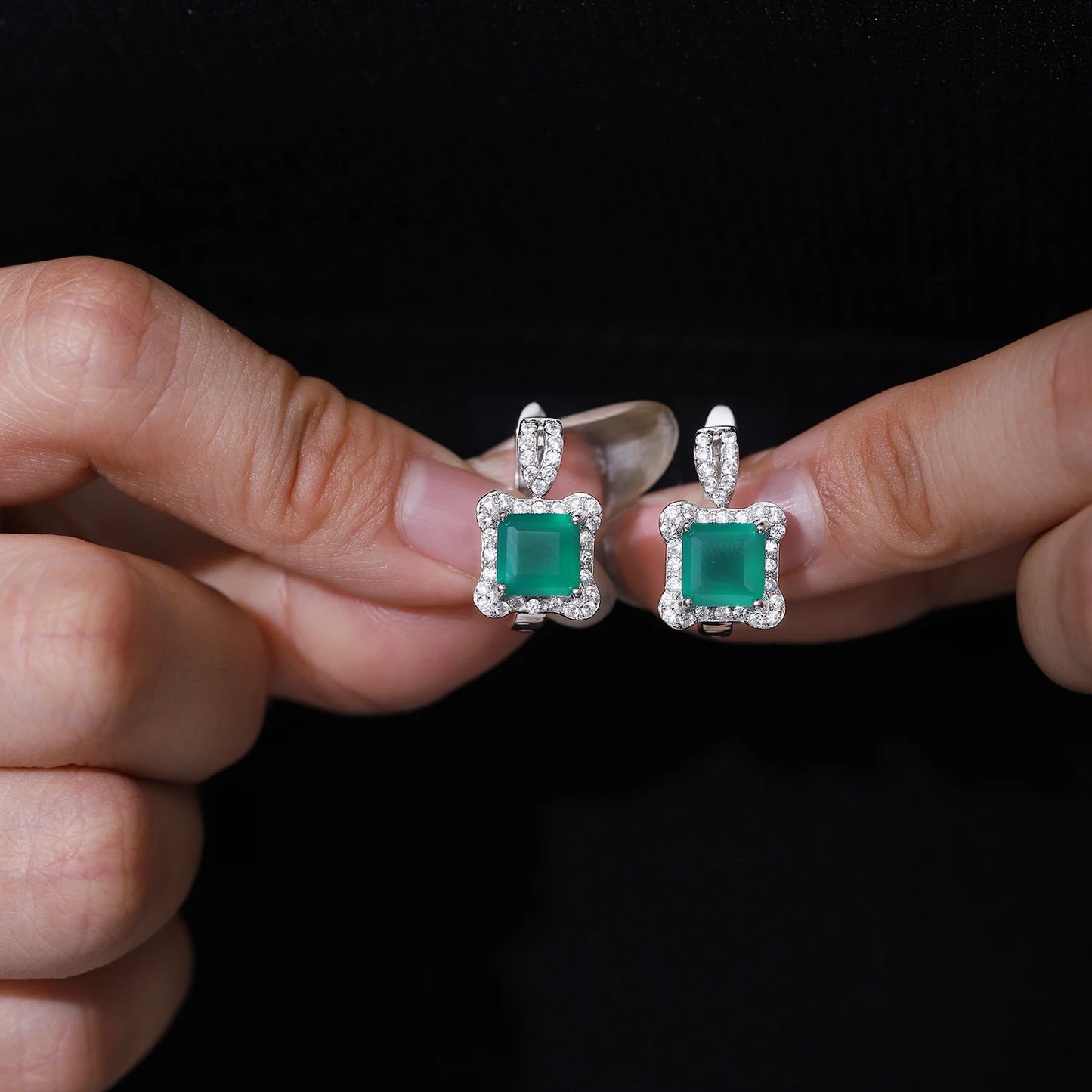 GEM'S BALLET Onyx Earrings 3.77Ct Natural Green Agate Gemstone Earrings 925 Sterling Silver Vintage Stud Earrings For Women