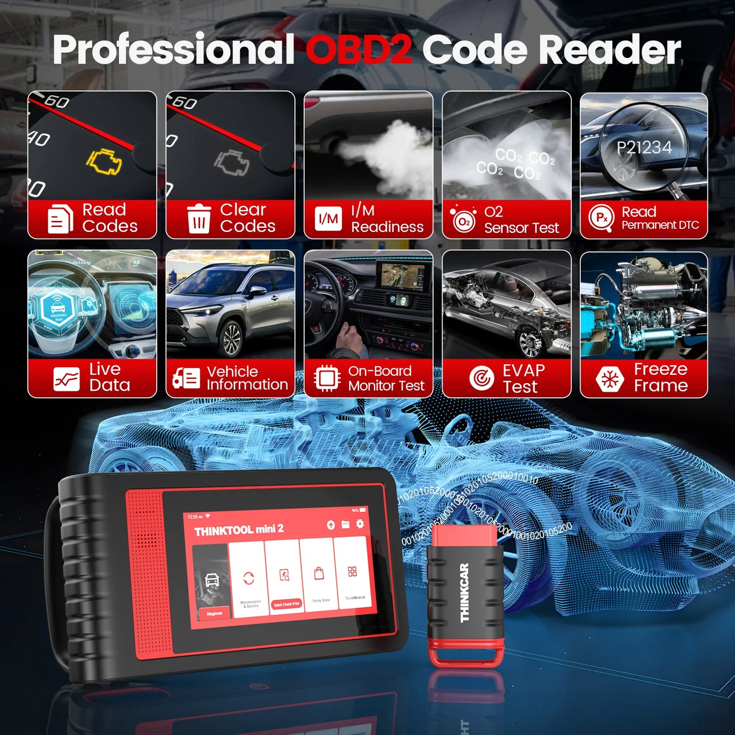 THINKTOOL MINI 2 Auto OBD2 Scanner Car Diagnostic Tool Full System Scan Tool Support Bidirectional Control ECU Coding 28 Resets