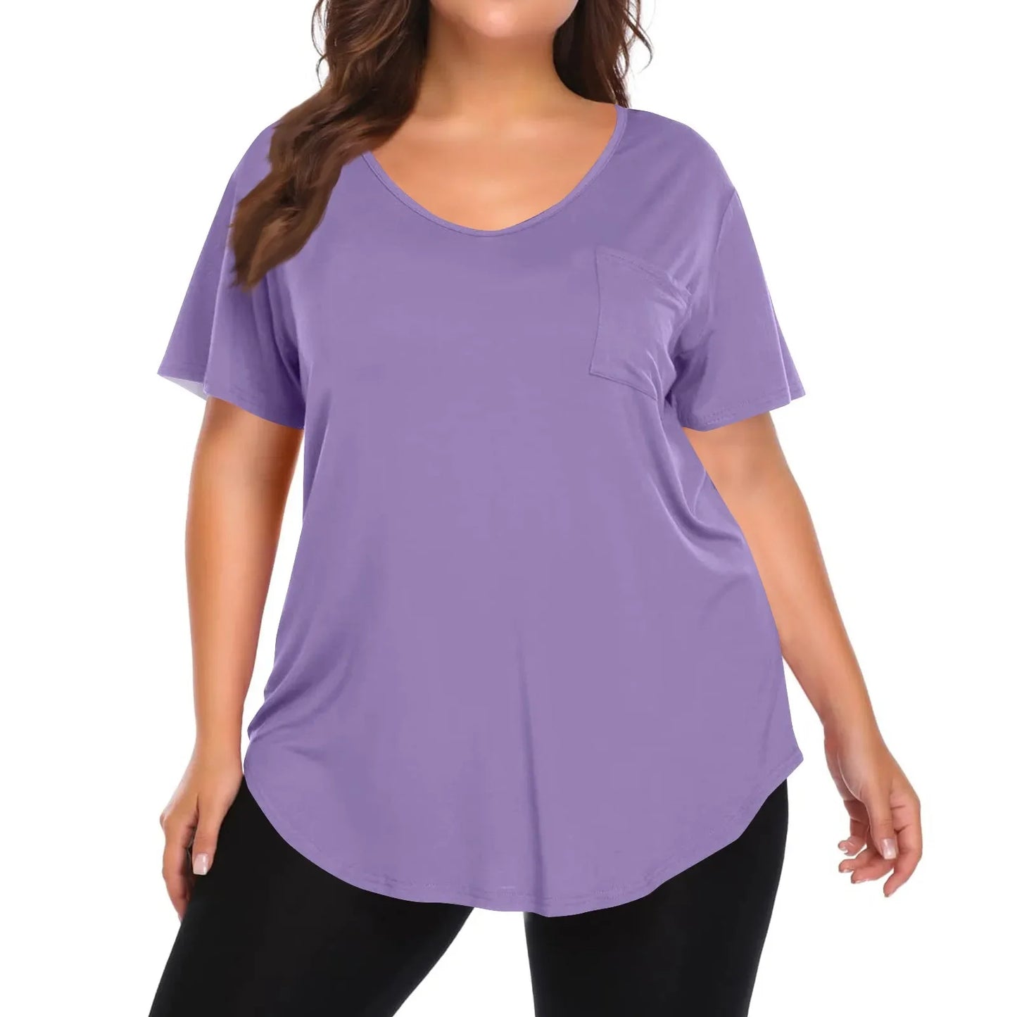 Plus Size Women's Tunic Tops Solid Color Large Size V-neck Loose T-Shirt With Pocket Summer Casual Basic Tee t shirts