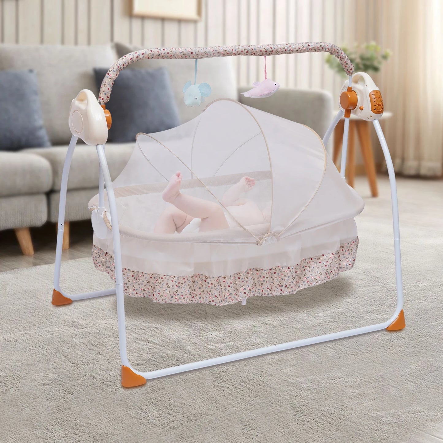 Electric Baby Crib Cradle Bluetooth&USB Foldable Auto-Swing Rocking Bassinet Sleep Bed Infant U-Shaped Pillow/Net/Toy Rack