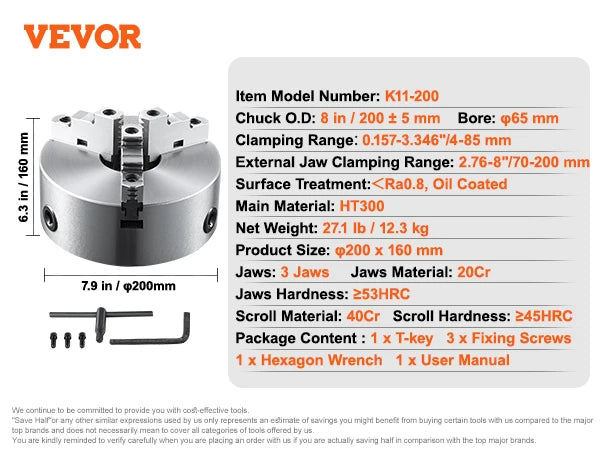 SucceBuy 3-Jaw Lathe Chuck 100/125/160/200/250 mm Self-Centering Lathe Chuck Multiple Clamping Range for Lathe Printer Machining