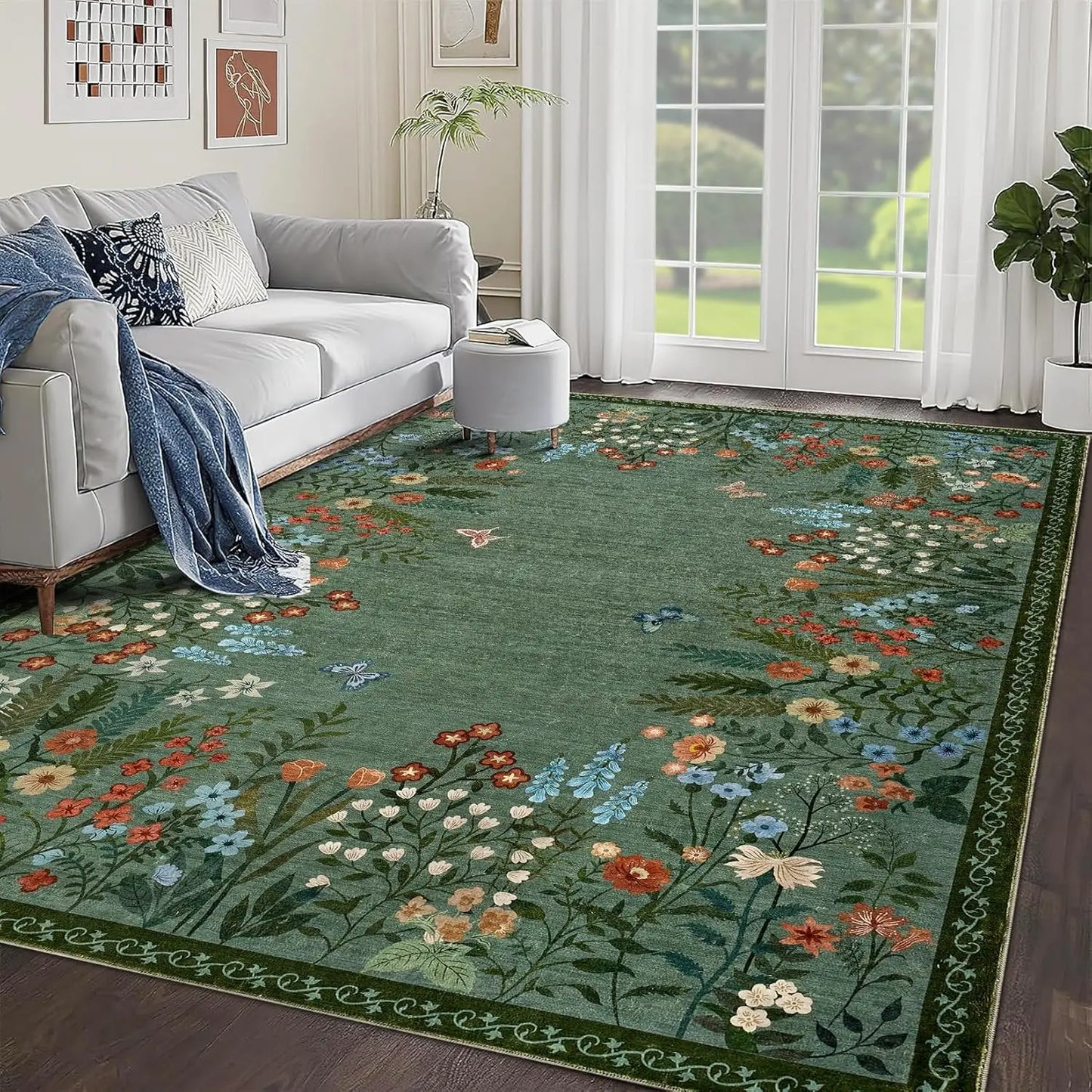 Boho Washable Rugs for Entryway Floral Area Rug for Bedroom, Non Slip ,Soft Indoor Carpet forLiving Room Kitchen Laundry Foyer