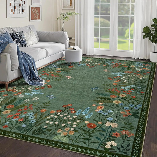 Boho Washable Rugs for Entryway Floral Area Rug for Bedroom, Non Slip ,Soft Indoor Carpet forLiving Room Kitchen Laundry Foyer