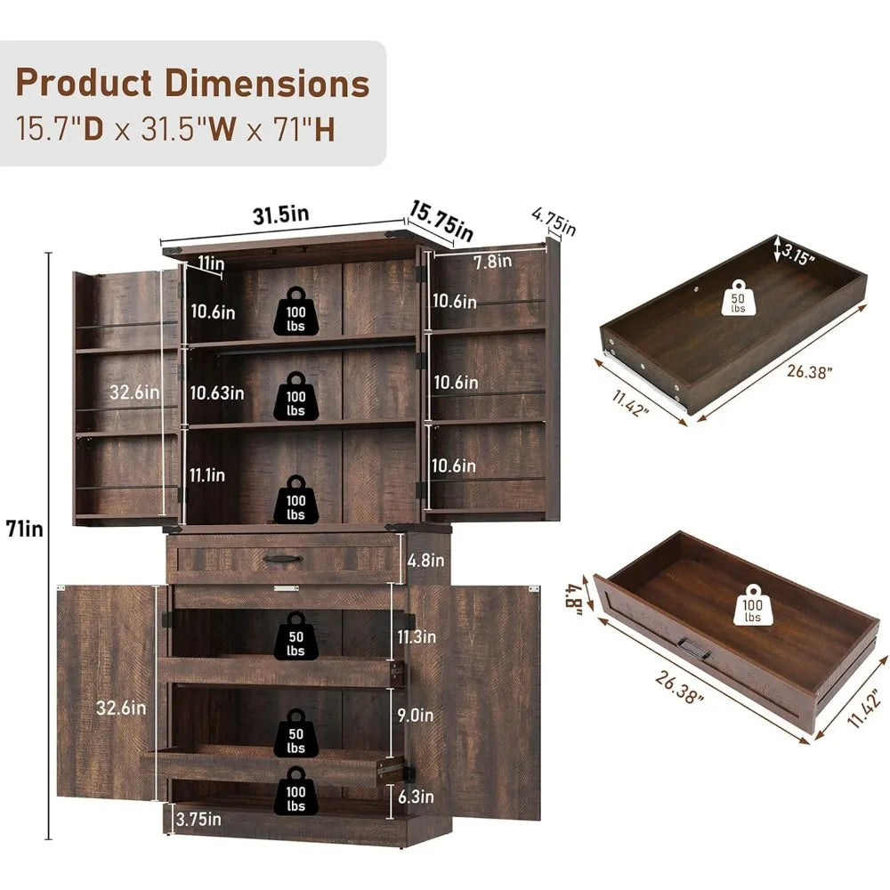 71" Tall Kitchen Pantry Cabinet with 3 Drawers,Farmhouse Storage Cabinet with 6 Barn Door Shelves,with Load-Bearing Steel Pipe