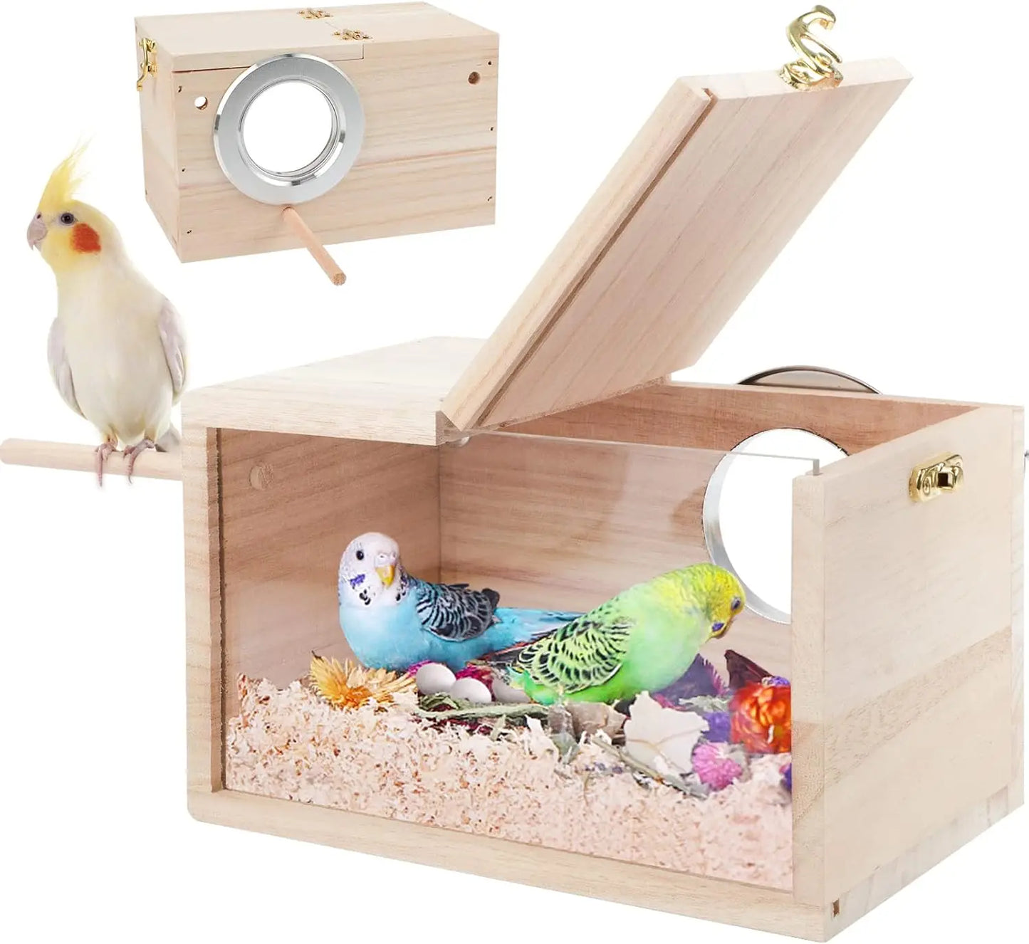 Parakeet Nesting Box - Transparent Design, Wooden Breeding House with Perch for Cockatiel, Lovebirds, Budgie, Finch, Parrotlets
