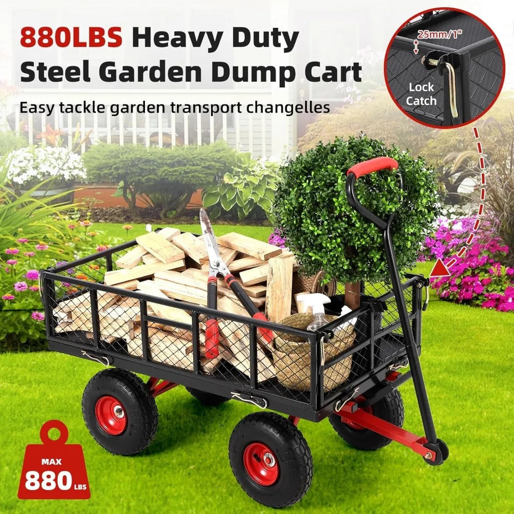 Flat Free Tires Steel Garden Cart with 180° Rotating Handle and Removable Sides, Heavy Duty Utility Garden Carts and Wagons