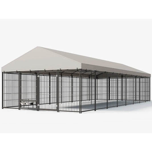 10X19FT Large Dog Kennel Outside with Feeding, Heavy Duty Outdoor Dog Run Cage with Cover & Lock, Outdoor Pet Enclosure Fence fo