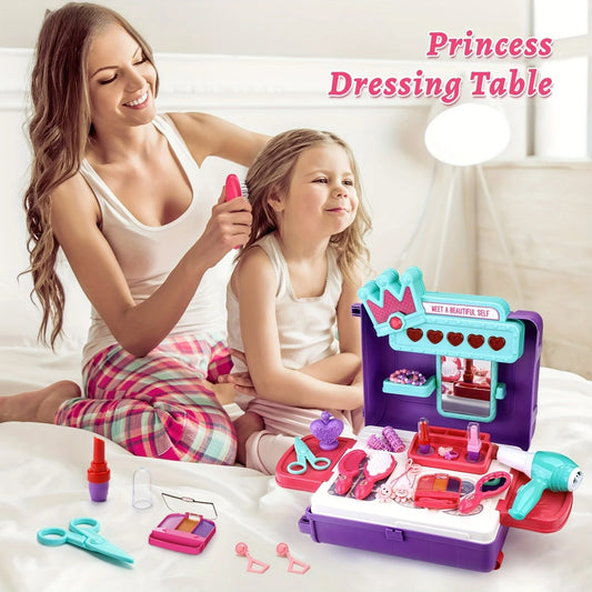 2 in 1 Dressing Table Set Pretend Play Makeup Games with Lights and Music Simulated Hair Dryer for Girls Kids Halloween Birthday Gift