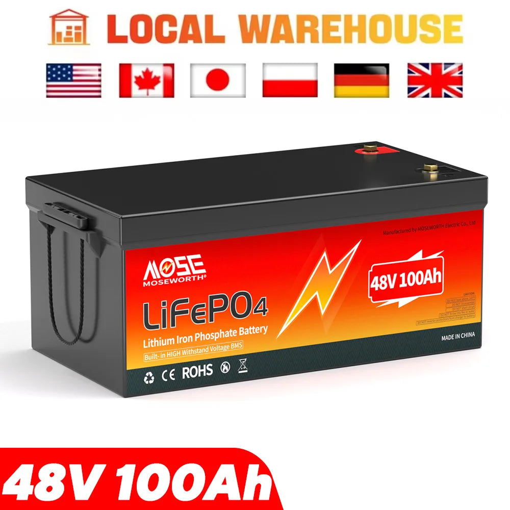 MOSEWORTH 48V 100Ah LiFepo4 Battery Built in 200A BMS 10000+ Cycles Rechargeable for Golf Carts Boat Trolling Motor Lawn Mower