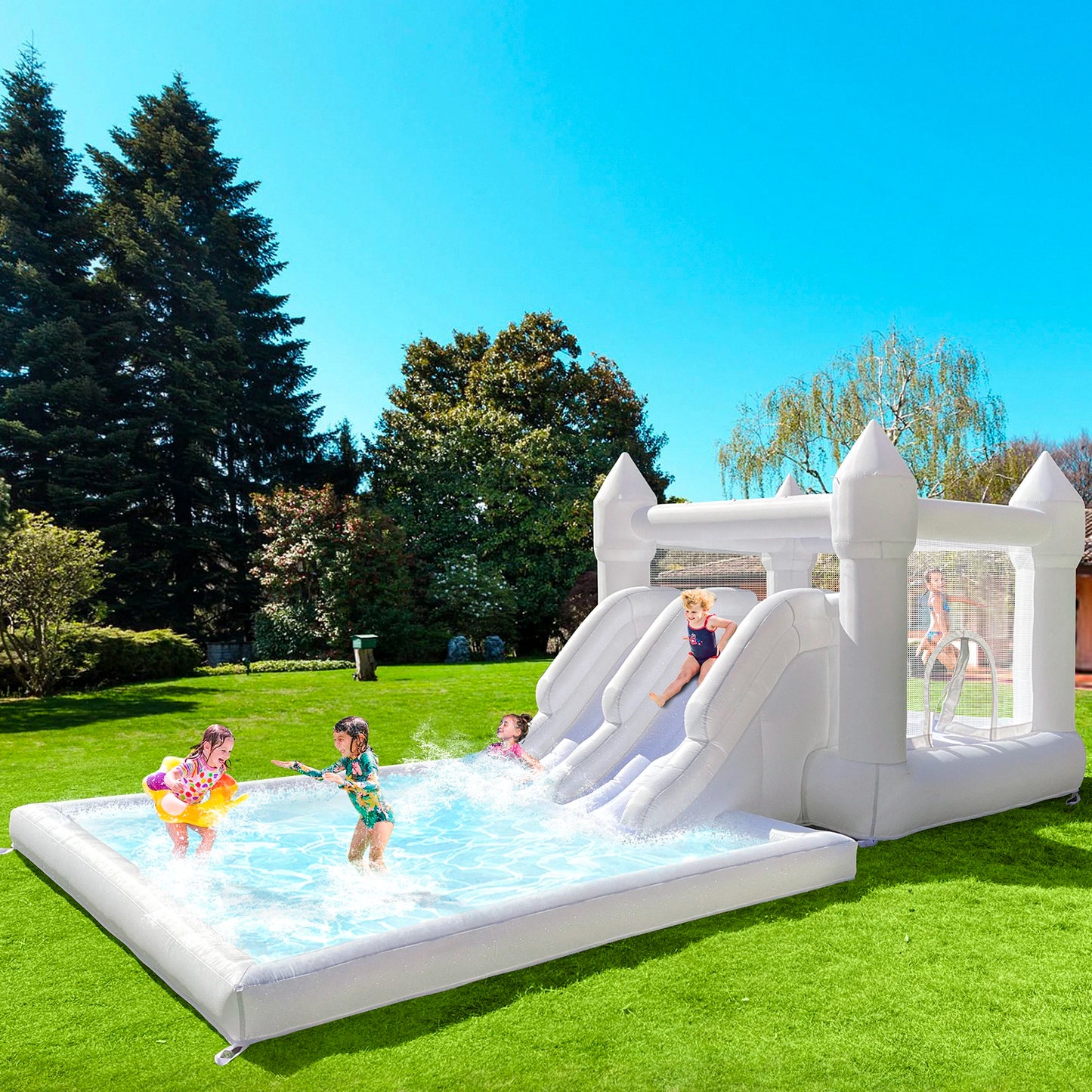 Kids Party Large 19ft Inflatable White Bounce House With Double Slide And Big Ball PIt Customization Oxford Bouncy Castle
