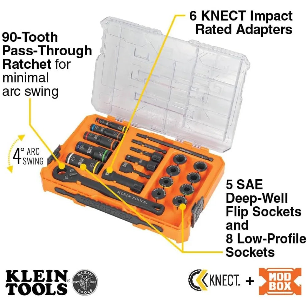 Klein Tools 65240 KNECT Impact Deep-Well Flip Socket and Low-Profile Pass Through Socket Set, SAE, 20-Piece, MODbox Case, 1/4-In