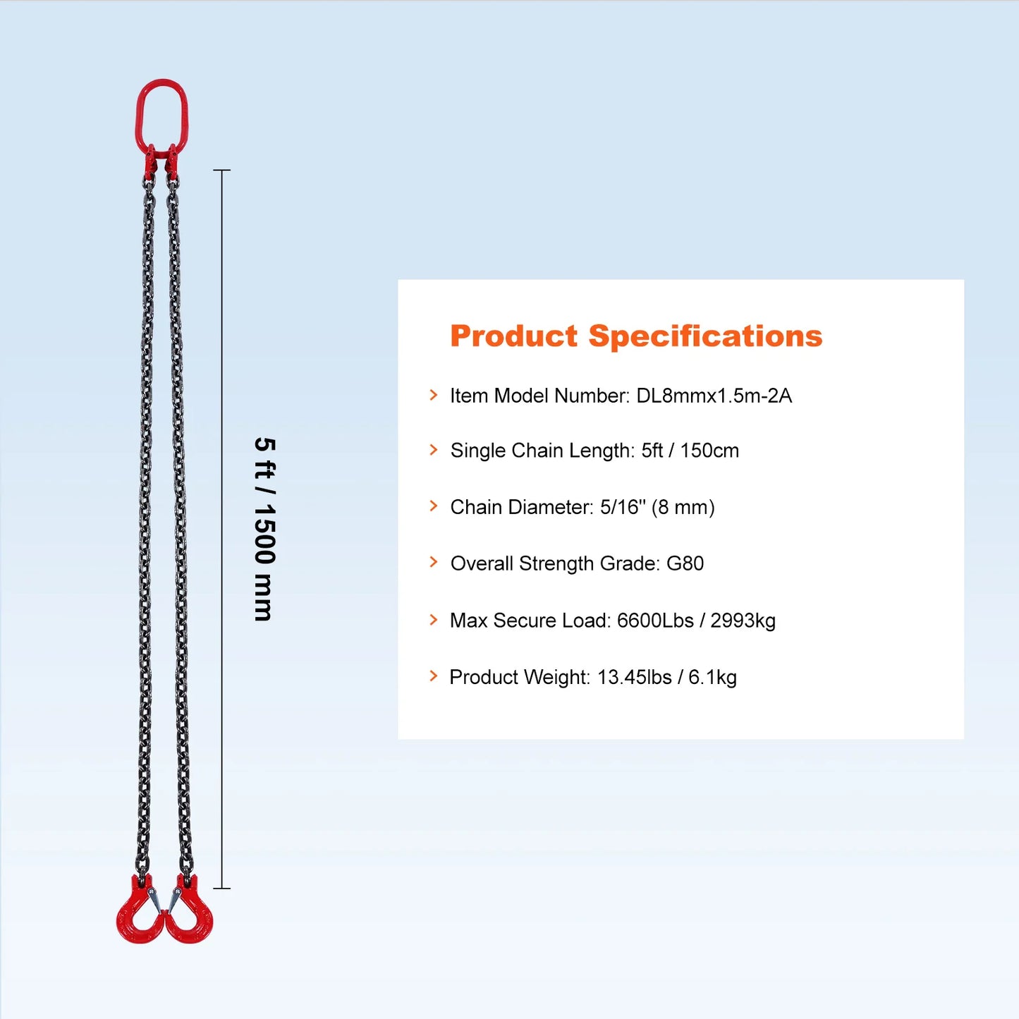 SucceBuy 3T 5ft Lifting Sling Chain 5/16 inch G80 Lifting Chains with 2 Leg Grab Hooks for Engine Hoist Engine Lift Chain