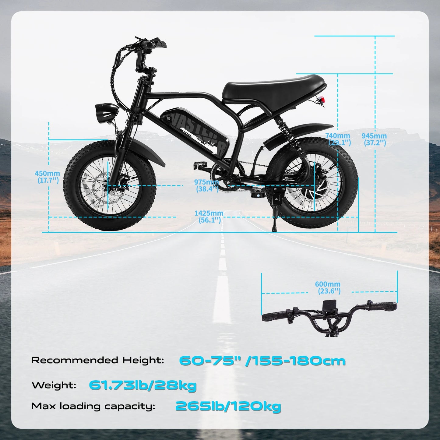 VDL Mountain Electric Bike , 16" Fat Tire Ebike, Wider Seat 800W Peak Motor, Removable Battery, Front Fork Suspension