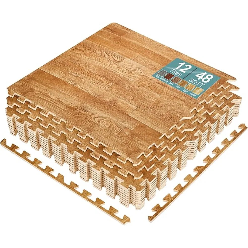 12 Tiles (48 Sq Ft) Wood Grain Floor Tiles Foam Mat, 3/8-Inch Thick Flooring Wood Puzzle Exercise Mats W/Borders, Tiles Foam Mat