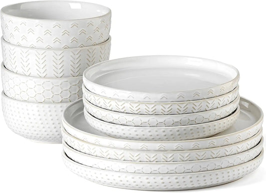 Ceramic Plates and Bowls Sets, Farmhouse Dinnerware Sets for 4, Stoneware Dish Set of 12, Scratch Resistant, Dishwasher & Microw